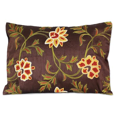 Handmade Embroidered Chocolate Geraniums Cushion Cover (India)