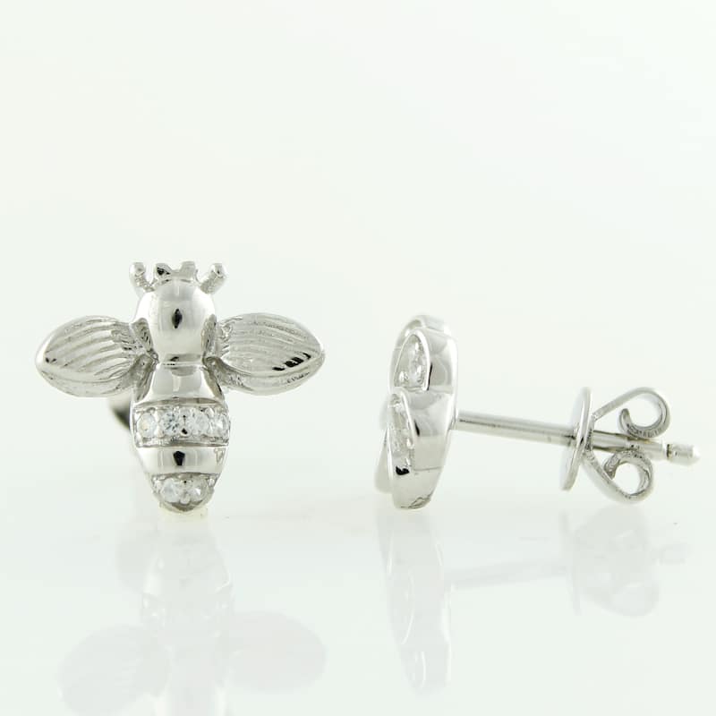 Platinum overSilver White Zircon Flower and Bee Stud Earrings