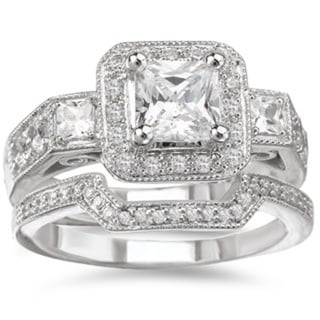 Avanti Rhodium-plated Sterling Silver Cubic Zirconia Square Halo Vintage-style Bridal Ring Set