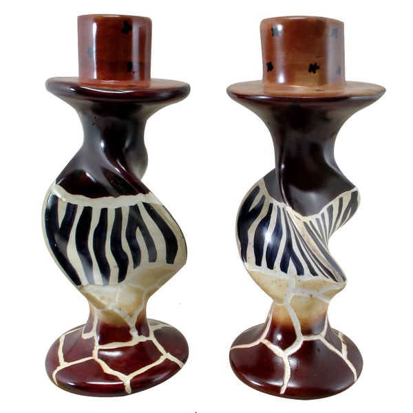 Handmade Animal Stripes on Bold Twists Soapstone Pair of Candleholders (Kenya)