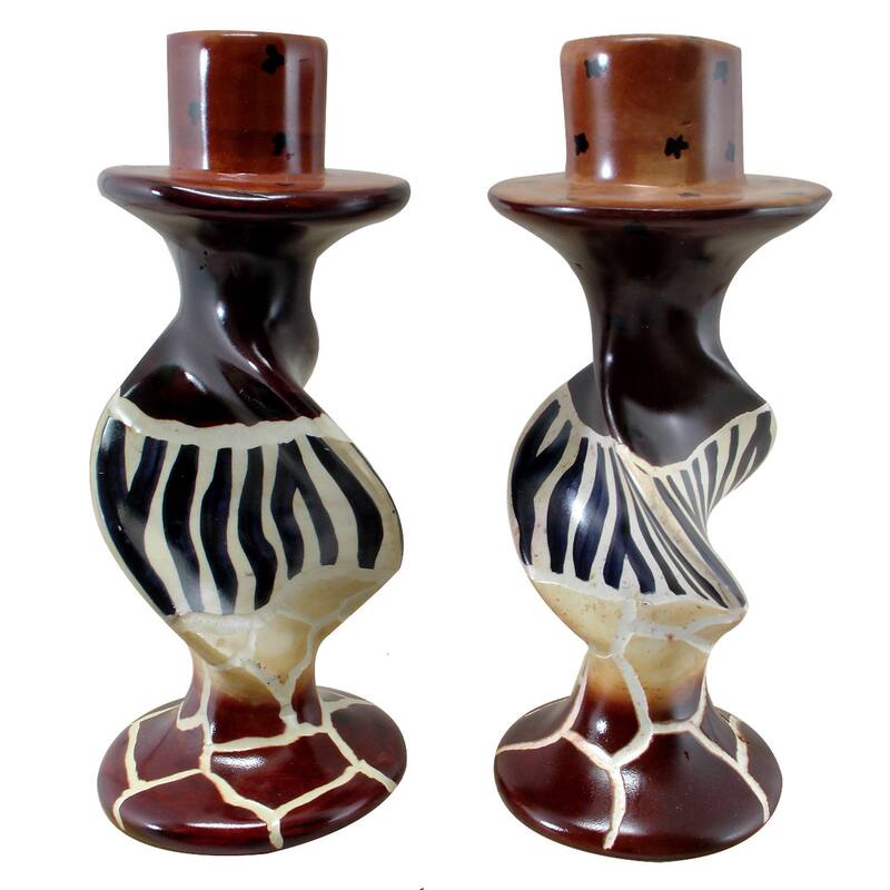Handmade Animal Stripes on Bold Twists Soapstone Pair of Candleholders (Kenya) - Multi