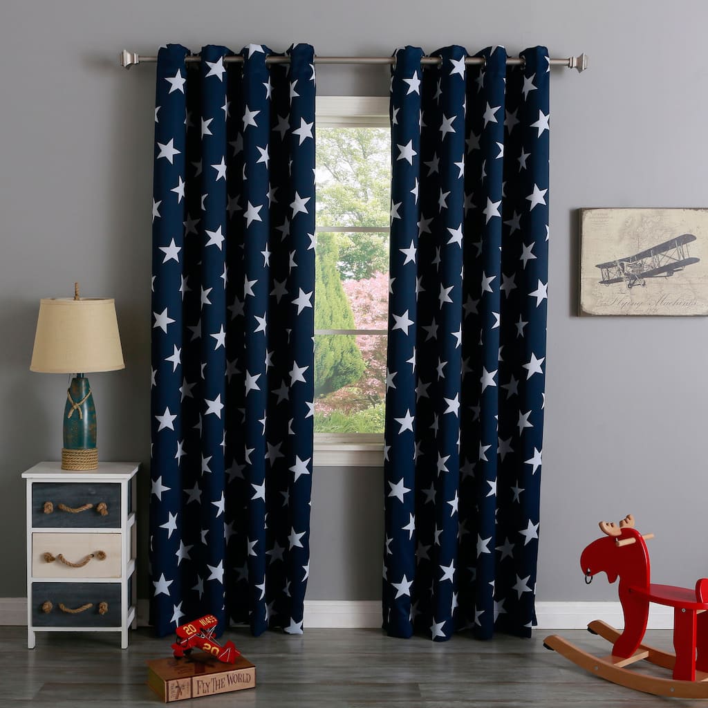Aurora Home Room Darkening Big Star Print Silver Grommet Top Curtain Panel Pair