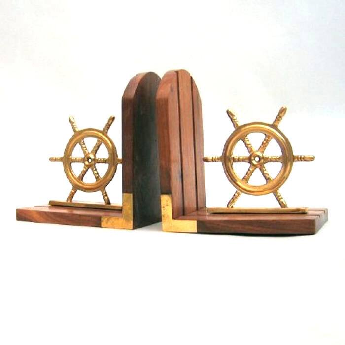 Wooden Ship Helms Bookend Pair