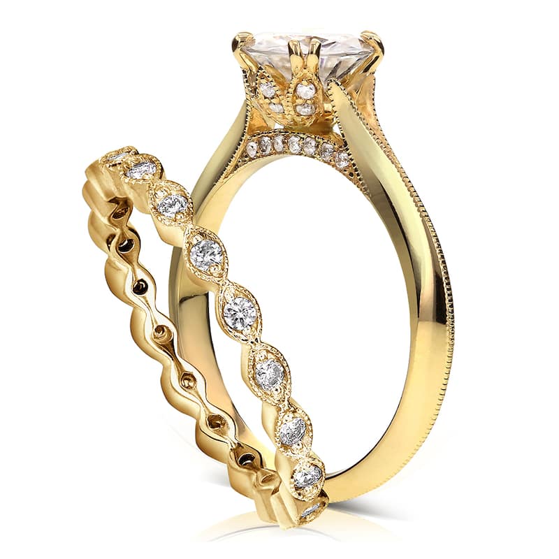 Annello by Kobelli 14k Yellow Gold 1 2/5ct TGW Round Moissanite and Diamond (GH, I1-I2) Floral Antique Bridal Set