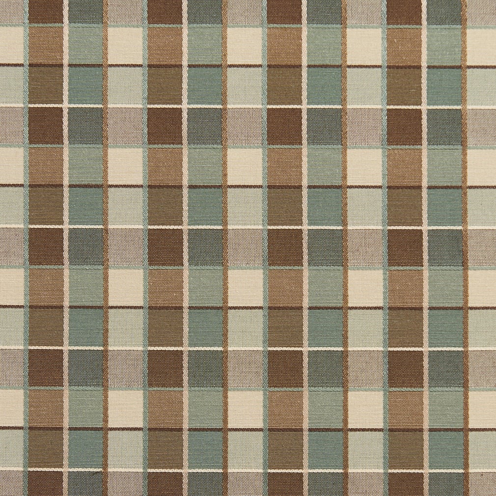 B0140e Teal Brown Cream Checkered Silk Look Upholstery Fabric By The