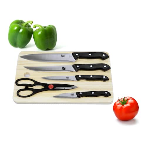 Home Basics 6-piece Stainless Steel Knife Set with Wood Cutting Board - Brown/Black
