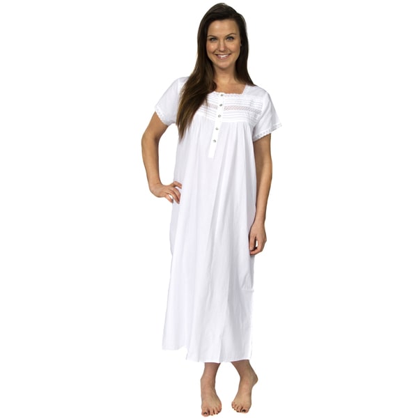 Leisureland Women's Cotton Short Sleeve Lace Victorian Nightgown