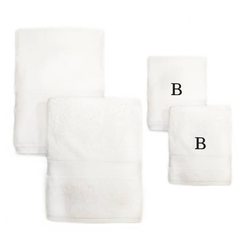 Authentic Hotel and Spa 4-piece White Turkish Cotton Towel Set with Black Monogrammed Initial Hand Towel