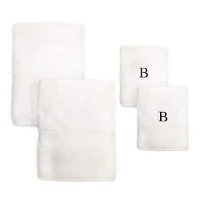 Authentic Hotel and Spa 4-piece White Turkish Cotton Towel Set with Black Monogrammed Initial Hand Towel