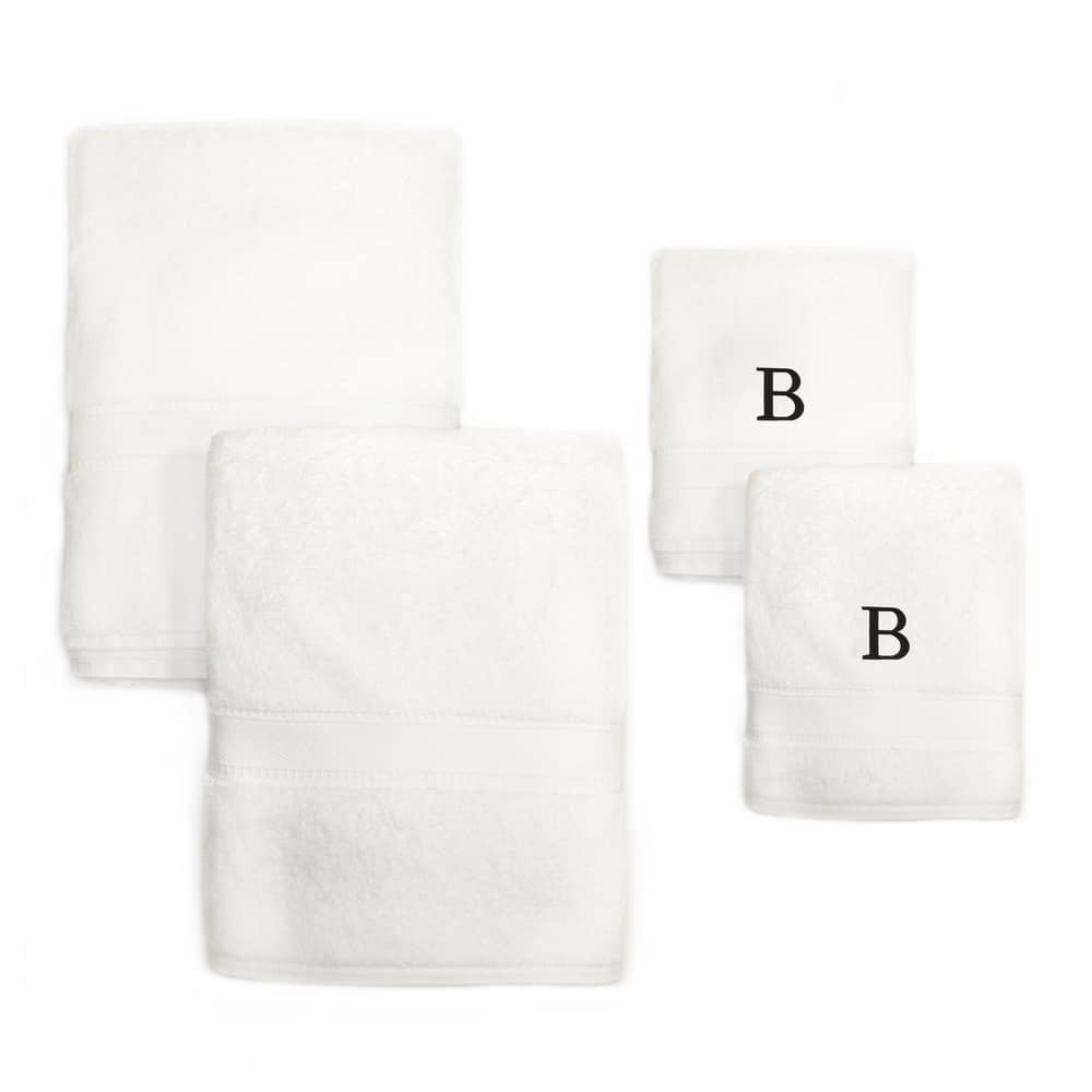 Authentic Hotel and Spa 4-piece White Turkish Cotton Towel Set with Black Monogrammed Initial Hand Towel