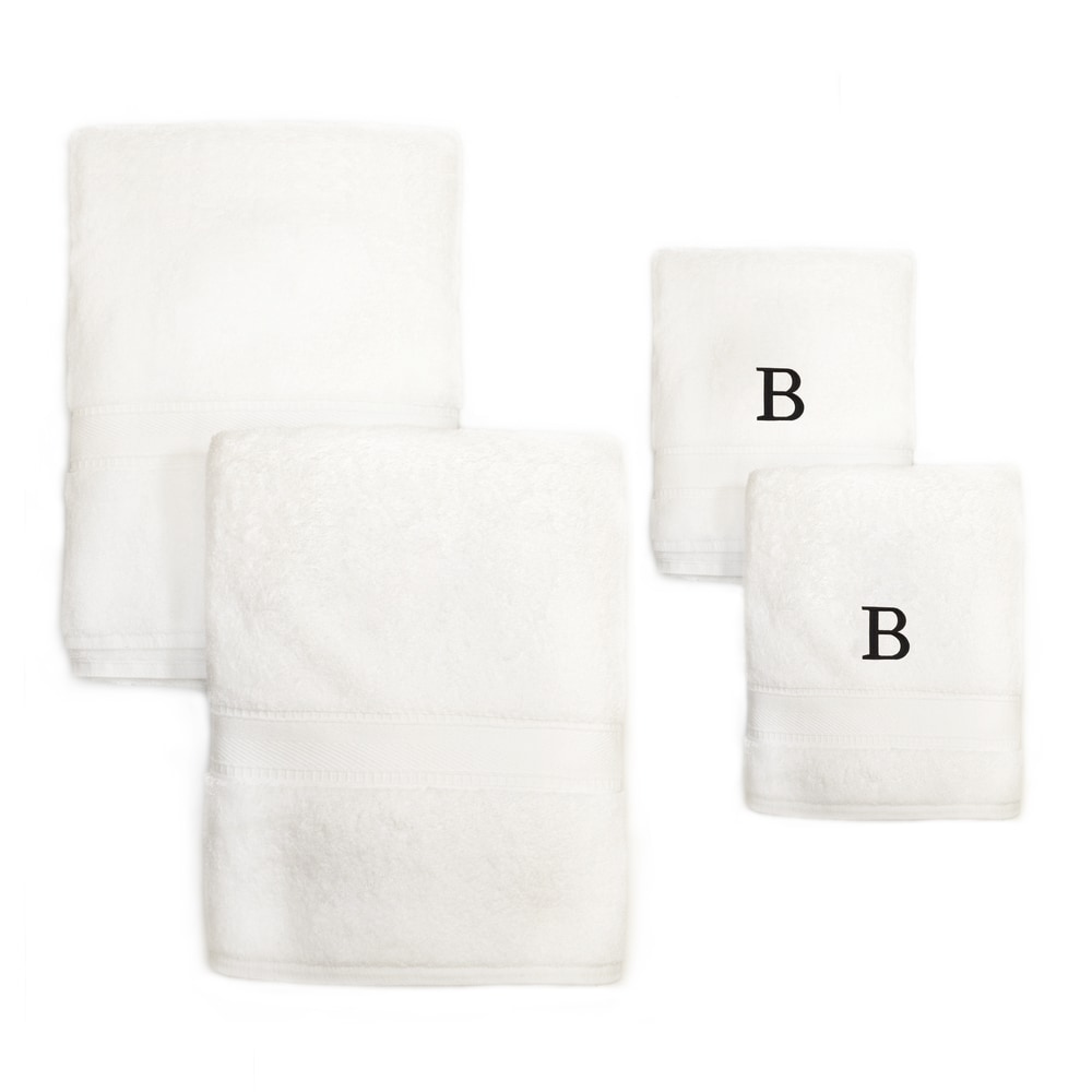 Authentic Hotel and Spa 4-piece White Turkish Cotton Towel Set with Black Monogrammed Initial Hand Towel
