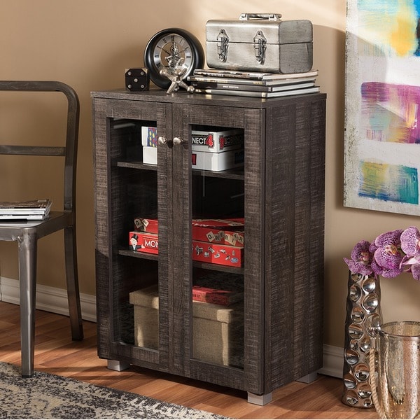 Baxton Studio Mason Modern and Contemporary Dark Brown Multipurpose Storage Cabinet Sideboard with Two Class Doors