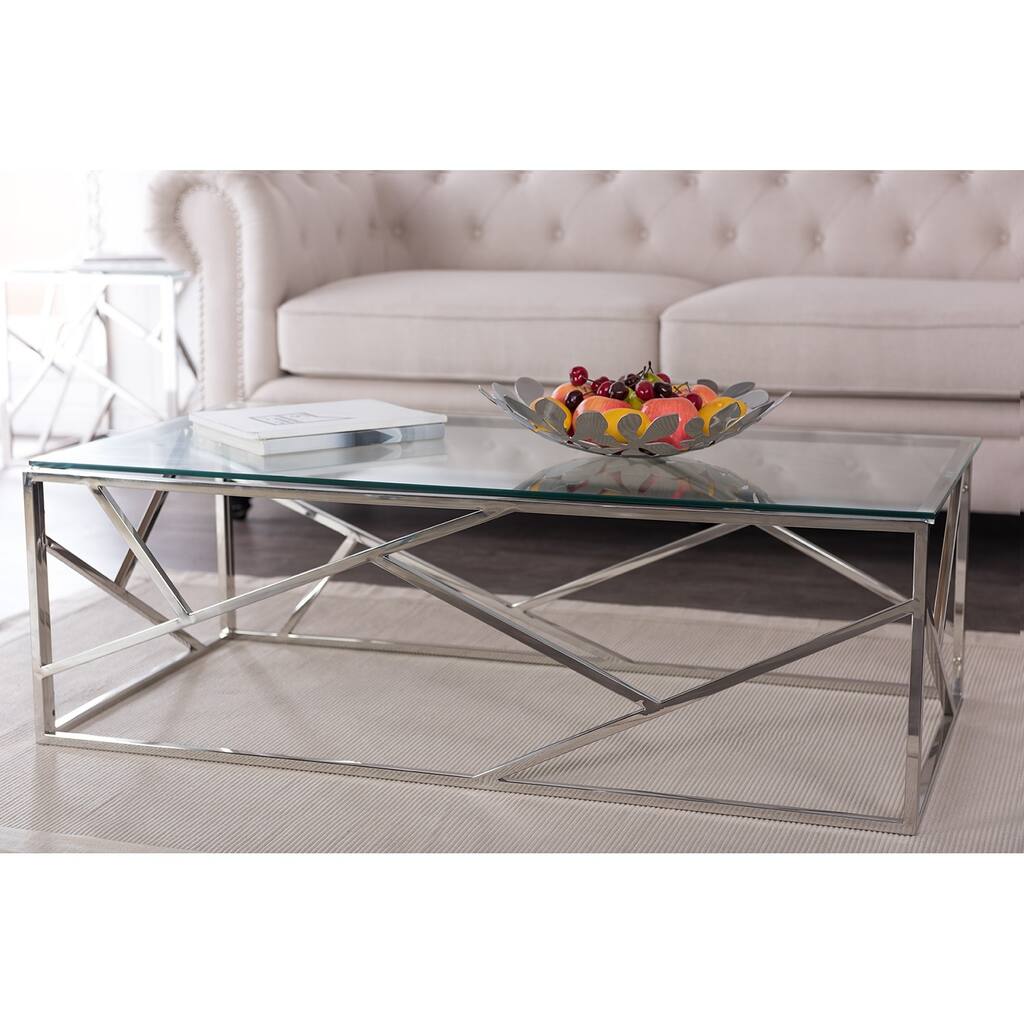 Baxton Studio Bowman Contemporary Tempered Clear Glass Coffee Table with Sturdy Stainless Frame