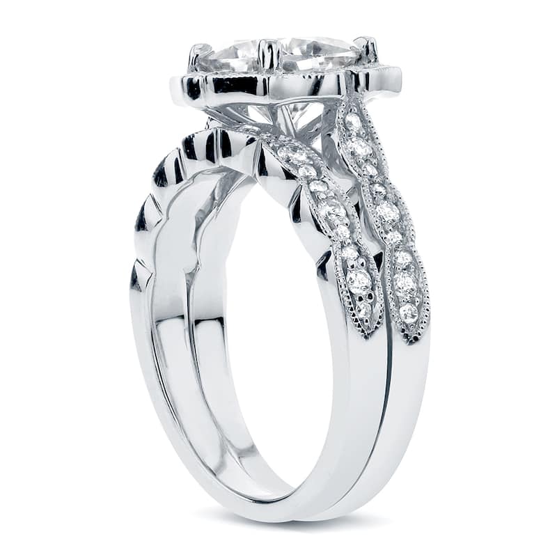 Annello by Kobelli 14k White Gold 2 1/6ct TGW Cushion-cut Moissanite and Diamond Floral Vintage Bridal Ring Set