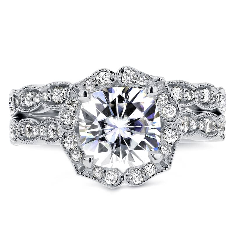 Annello by Kobelli 14k White Gold 2 1/6ct TGW Cushion-cut Moissanite and Diamond Floral Vintage Bridal Ring Set