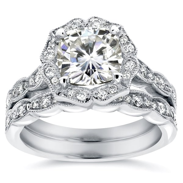 Annello by Kobelli 14k White Gold 2 1/6ct TGW Cushion-cut Moissanite (HI) and Diamond Floral Vintage Bridal Ring Set