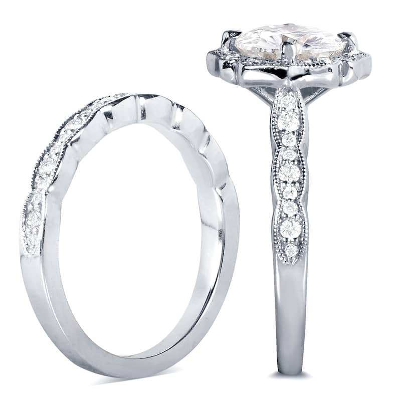 Annello by Kobelli 14k White Gold 2 1/6ct TGW Cushion-cut Moissanite and Diamond Floral Vintage Bridal Ring Set