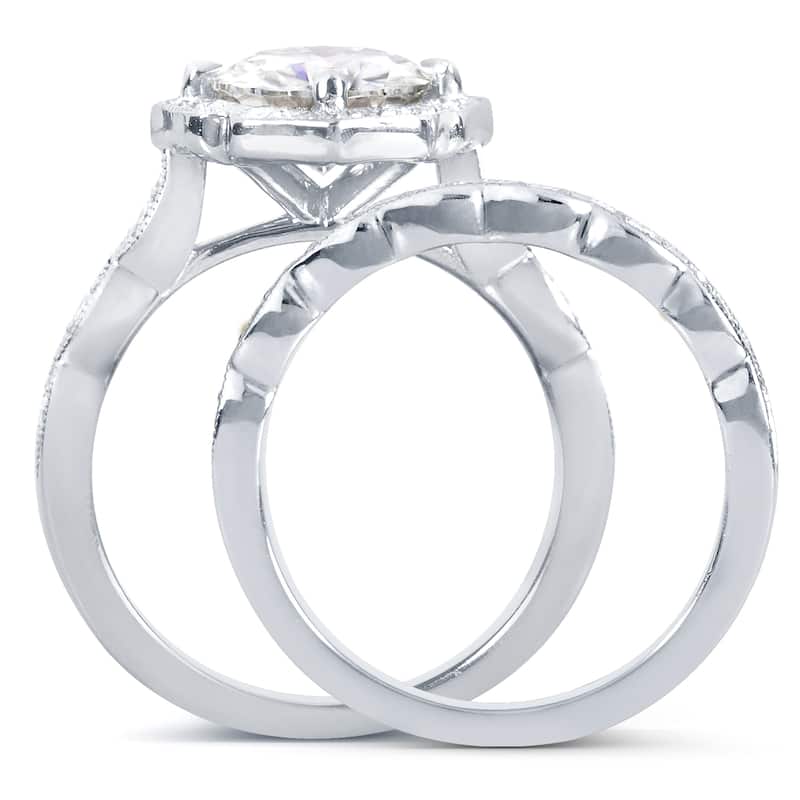 Annello by Kobelli 14k White Gold 2 1/6ct TGW Cushion-cut Moissanite and Diamond Floral Vintage Bridal Ring Set