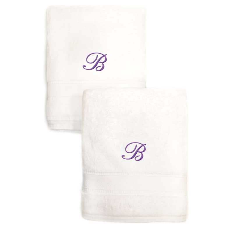 Sweet Kids 2-piece White Turkish Cotton Hand Towels Personalized with Lavender Purple Monogrammed Initial