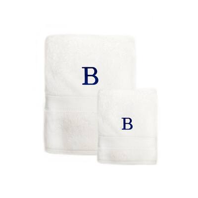 Sweet Kids 2-piece White Turkish Cotton Bath and Hand Towel Set with Royal Blue Monogrammed Initial