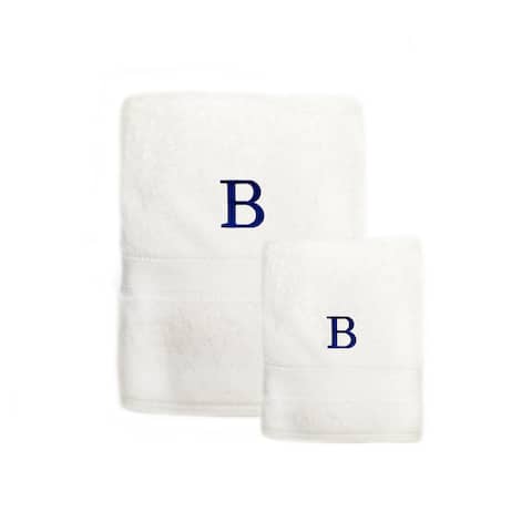 Sweet Kids 2-piece White Turkish Cotton Bath and Hand Towel Set with Royal Blue Monogrammed Initial