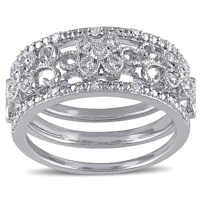 Miadora Sterling Silver 1/10ct TDW Diamond Filigree Vintage Band 3-Piece Set - White G-H - White G-H
