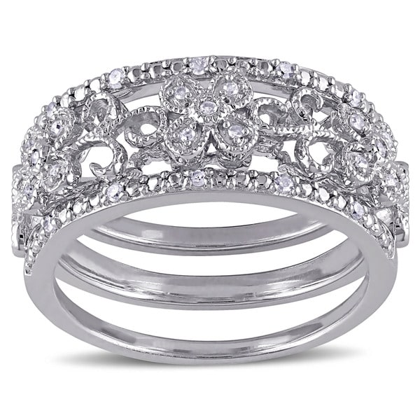 Miadora Sterling Silver 1/10ct TDW Diamond Filigree Vintage Band 3-Piece Set