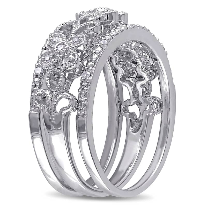 Miadora Sterling Silver 1/10ct TDW Diamond Filigree Vintage Band 3-Piece Set - White G-H - White G-H