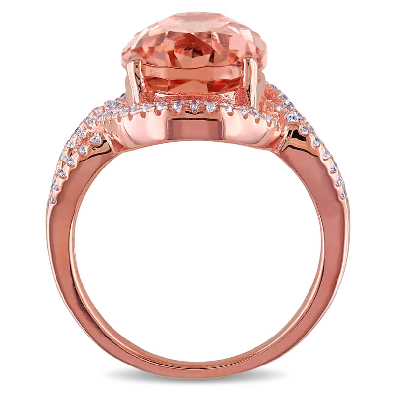 Miadora Rose-plated Sterling Silver Rose Glass and Cubic Zirconia Halo Split Shank Ring - Pink