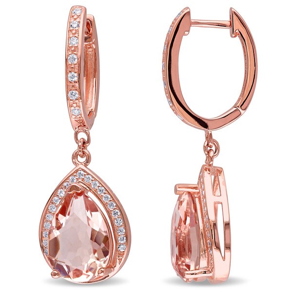 Miadora Rose-plated Sterling Silver Cubic Zirconia and Rose Glass Halo Drop Earrings