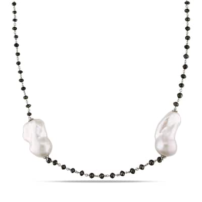 Miadora 14k White Gold FW Pearl and 32 1/3ct TDW Black Diamond Necklace
