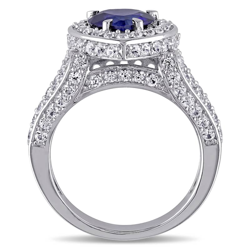 Miadora Sterling Silver Created Blue and White Sapphire Split Shank Heart Halo Ring