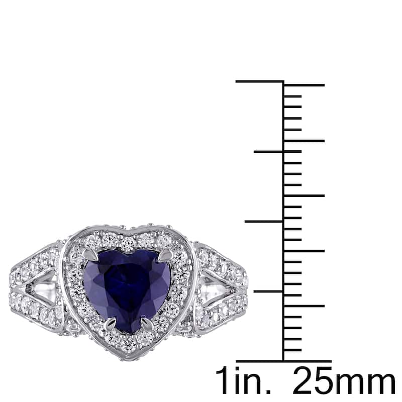 Miadora Sterling Silver Created Blue and White Sapphire Split Shank Heart Halo Ring
