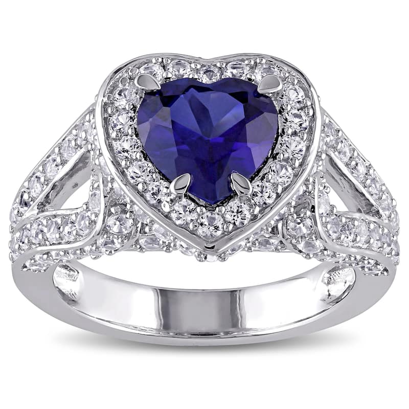 Miadora Sterling Silver Created Blue and White Sapphire Split Shank Heart Halo Ring - Size 9