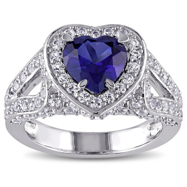 Miadora Silver Created Blue and White Sapphire Halo Heart Ring - Free ...
