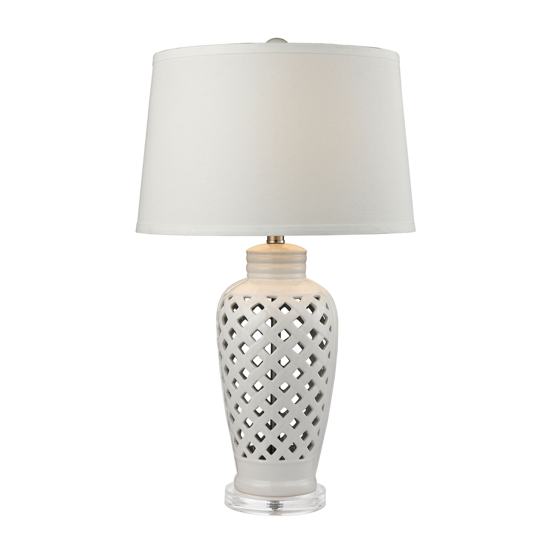 Ceramic Silver Lattice Base Table Lamp Reading Light Cotton Lampshades LED Bulb