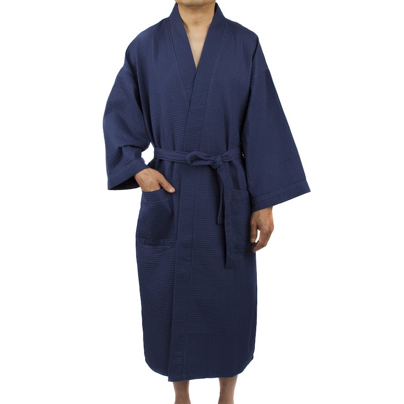 Leisureland Men's Waffle Weave 48-inch Kimono Robe - Navy