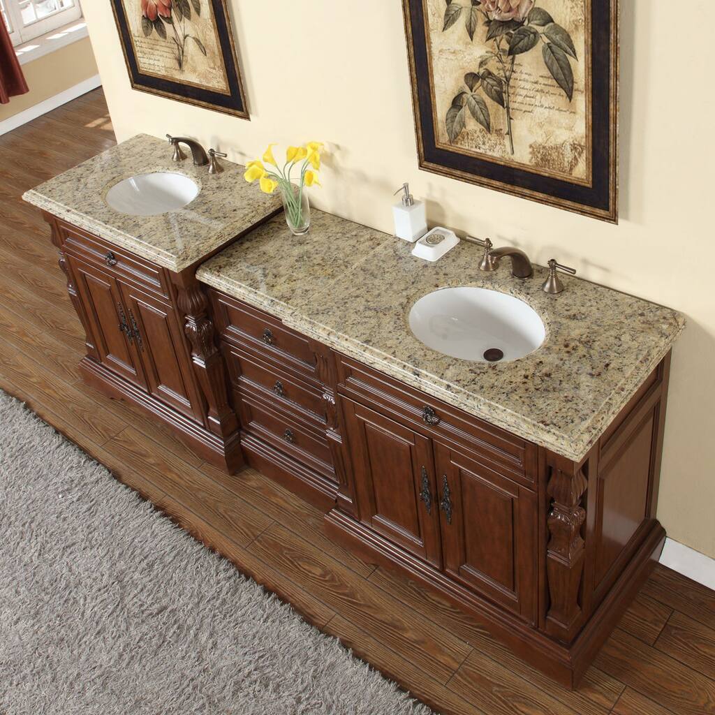 Silkroad Exclusive 90-inch Venetian Gold Granite Stone Top Bathroom Double Sink Modular Vanity