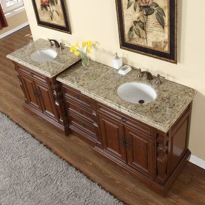 Silkroad Exclusive 90-inch Venetian Gold Granite Stone Top Bathroom Double Sink Modular Vanity