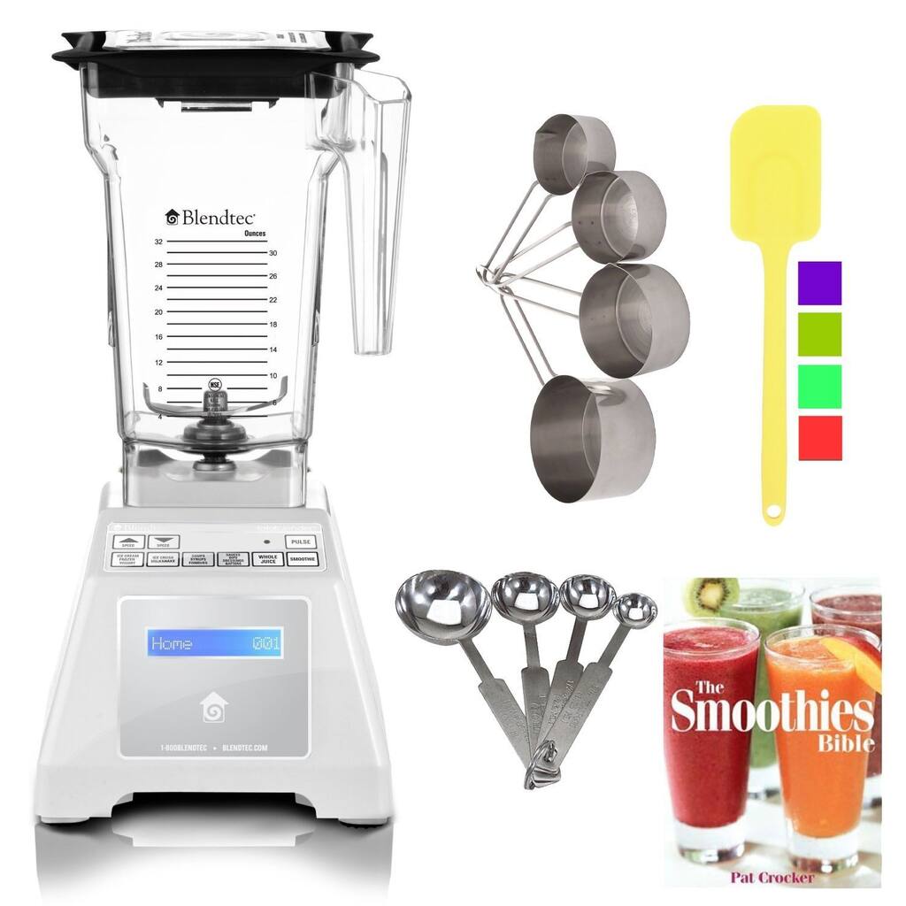 Blendtec TB-611-20 Total Blender + Four Side Jar (White) + Smoothies Bible Cookbook and Kitchen Accessory Bundle (Refurbished)