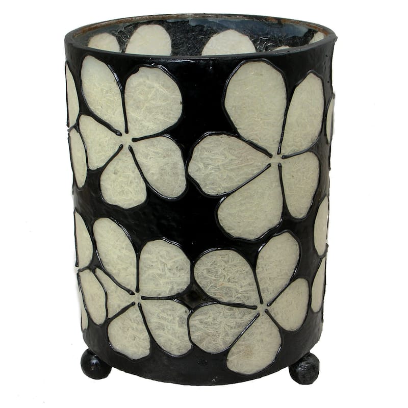 Handmade Hurricane Lantern White Petals Candleholder (Indonesia) - Black