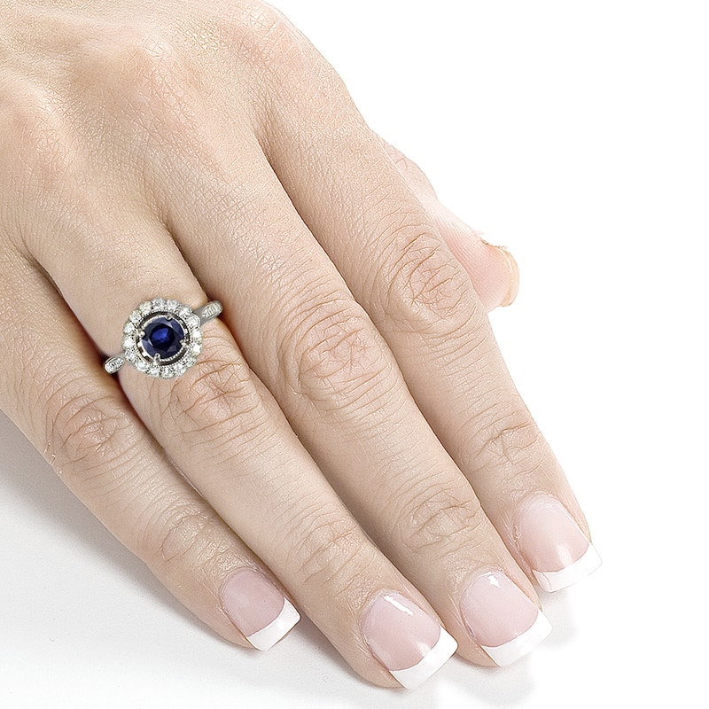 Annello by Kobelli 14k White Gold Round-cut Sapphire and 1/4ct TDW Diamond Art Deco Flower Engagemen