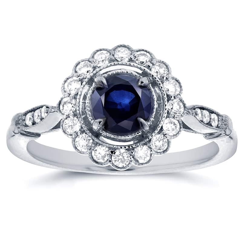 Annello by Kobelli 14k White Gold Round-cut Sapphire and 1/4ct TDW Diamond Art Deco Flower Engagemen - 4