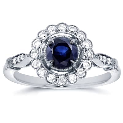 Annello by Kobelli 14k White Gold Round-cut Sapphire and 1/4ct TDW Diamond Art Deco Flower Engagemen