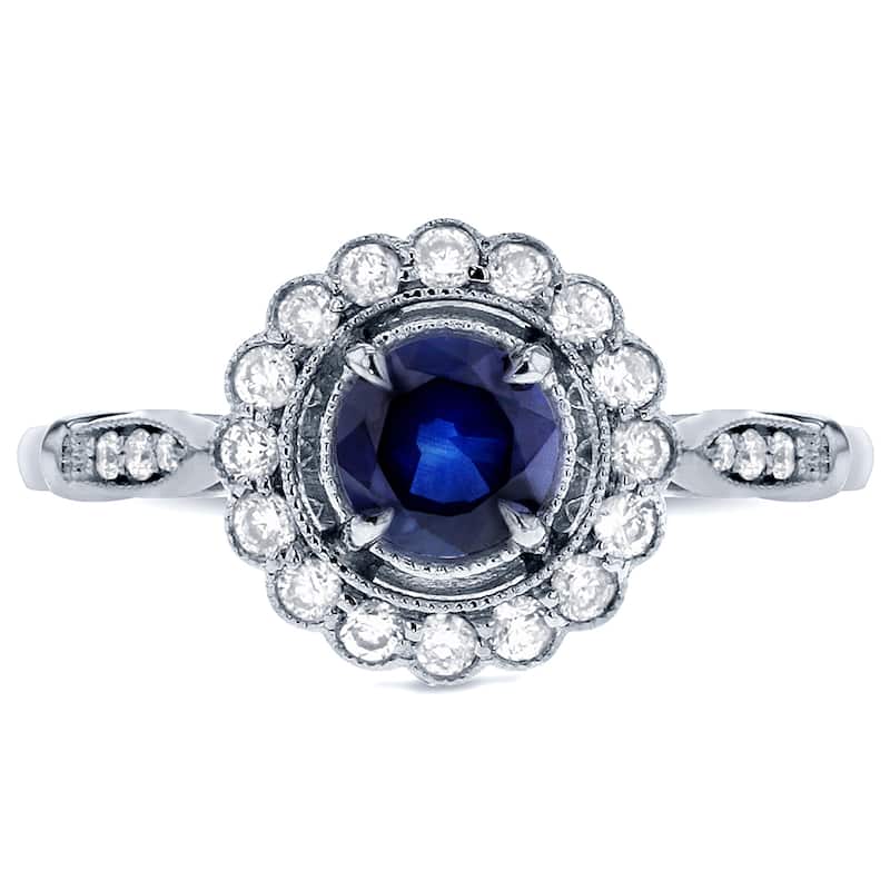 Annello by Kobelli 14k White Gold Round-cut Sapphire and 1/4ct TDW Diamond Art Deco Flower Engagemen