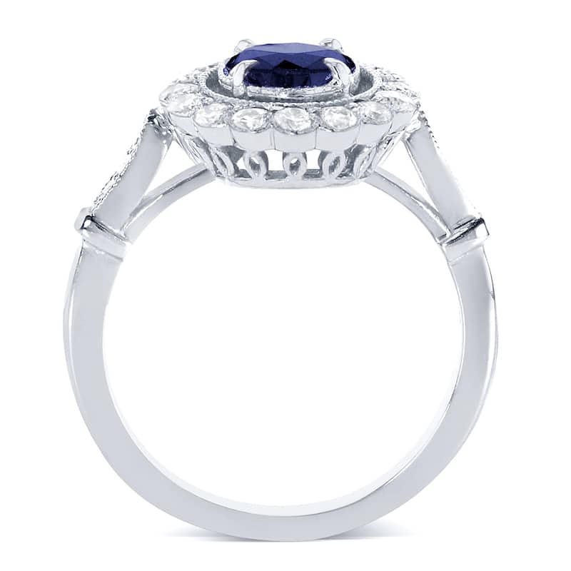 Annello by Kobelli 14k White Gold Round-cut Sapphire and 1/4ct TDW Diamond Art Deco Flower Engagemen