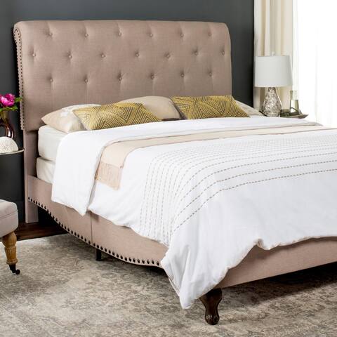 SAFAVIEH Hathaway Taupe Linen Upholstered Tufted Rolled Back Bed (Queen)