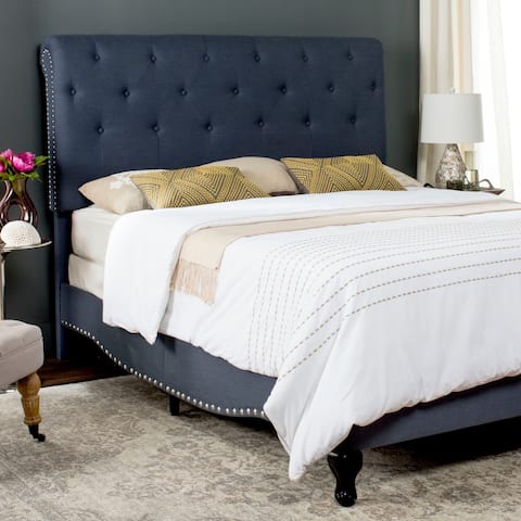 SAFAVIEH Hathaway Navy Linen Upholstered Tufted Rolled Back Bed (Queen)