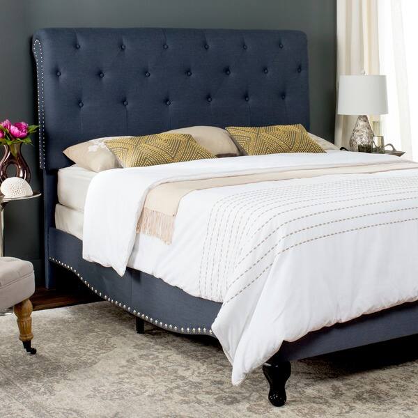 slide 2 of 7, SAFAVIEH Hathaway Navy Linen Upholstered Tufted Rolled Back Bed (Queen)