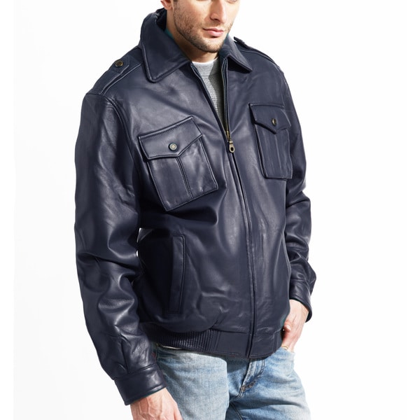 Mens Navy Lambskin Leather Bomber Jacket